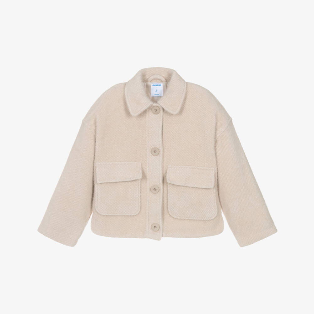 Mayoral-Girls Fluffy Beige Jacket | Childrensalon Outlet