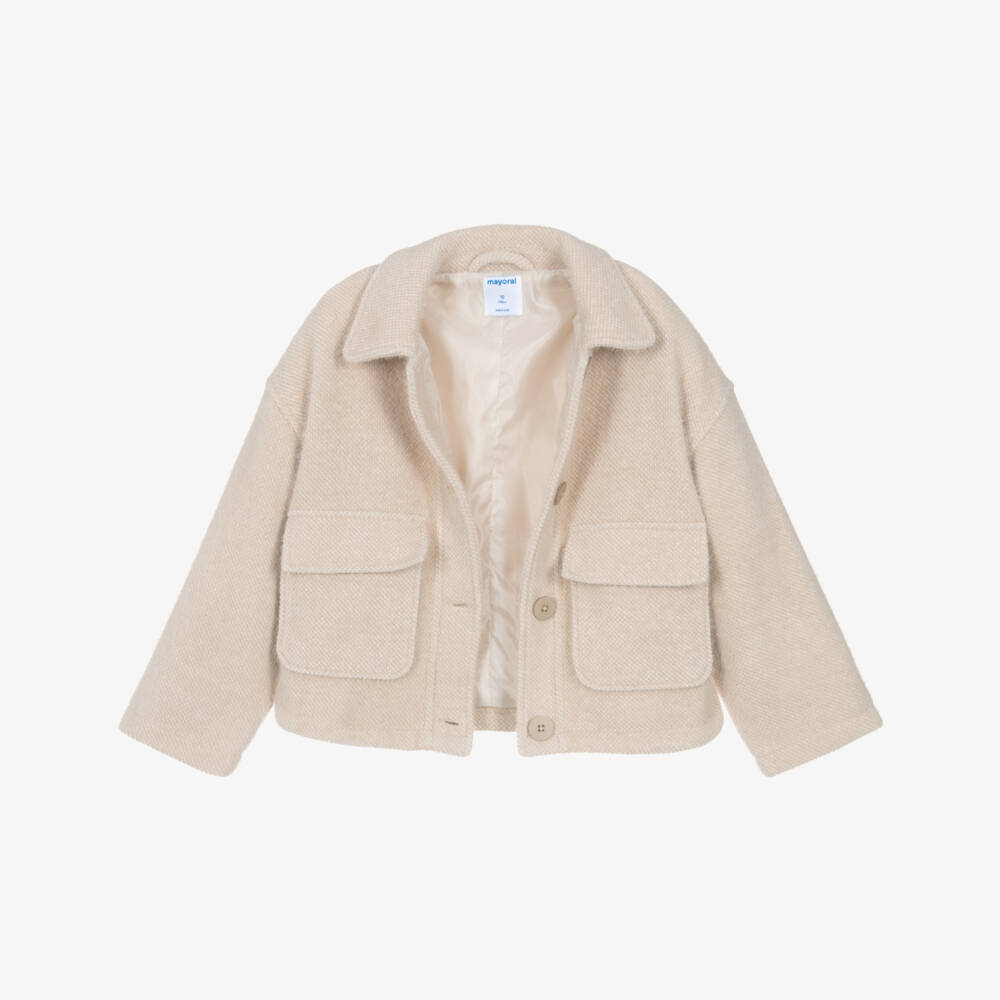 Mayoral-Girls Fluffy Beige Jacket | Childrensalon Outlet
