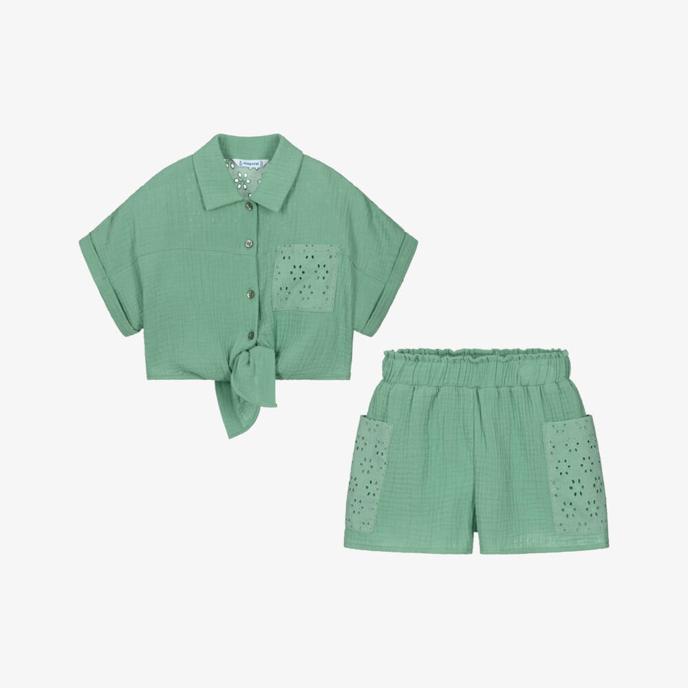 Mayoral-Girls Fresh Green Cotton Ensemble | Childrensalon Outlet