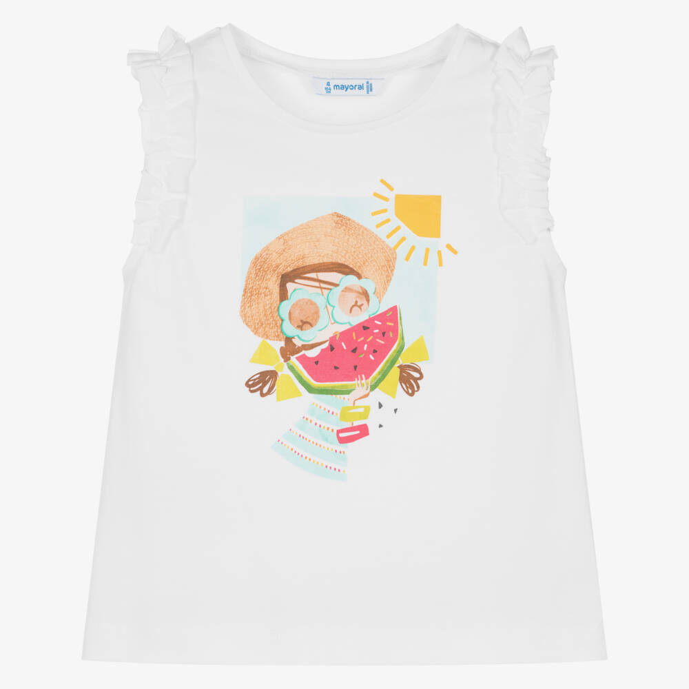 Mayoral-Girls Frilly White Graphic Tee | Childrensalon Outlet