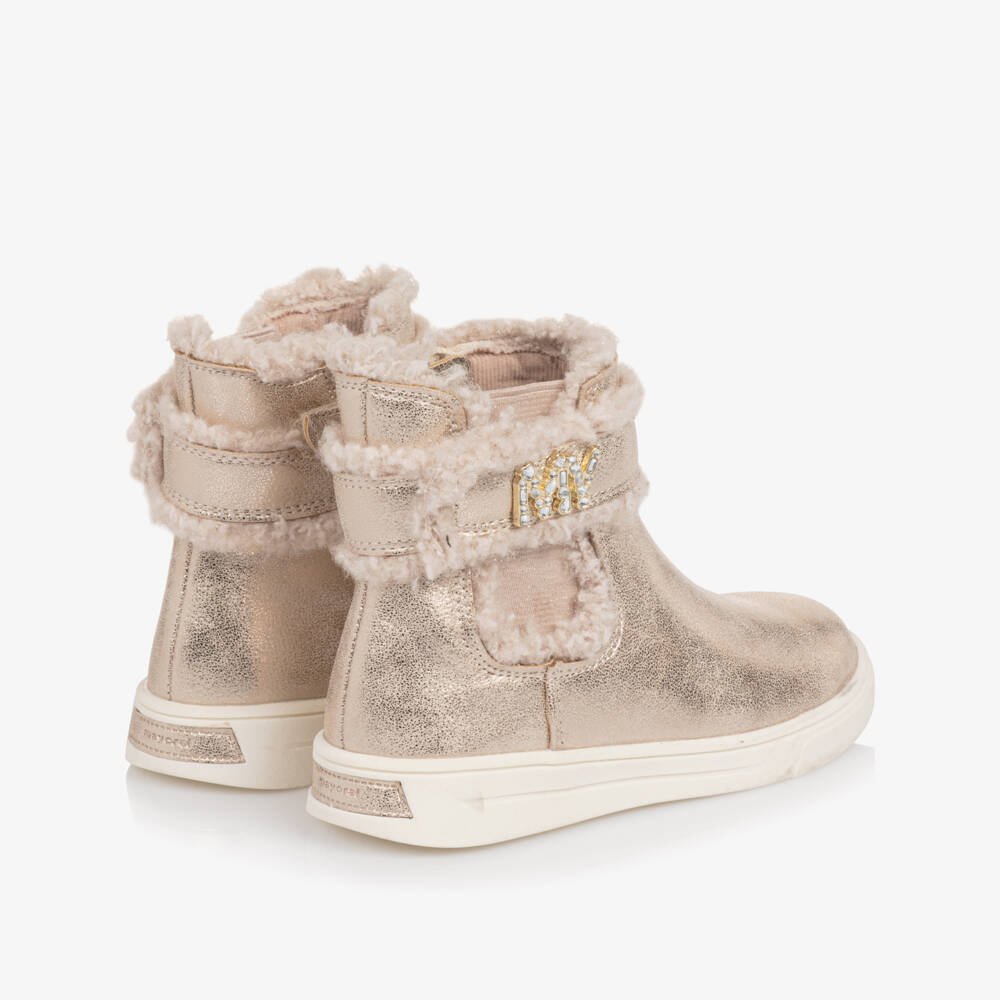 Mayoral-Girls Gold Faux Leather Ankle Boots with Diamanté Logo | Childrensalon Outlet