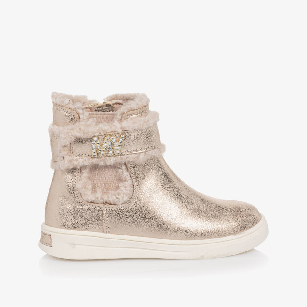 Mayoral-Girls Gold Faux Leather Ankle Boots with Diamanté Logo | Childrensalon Outlet