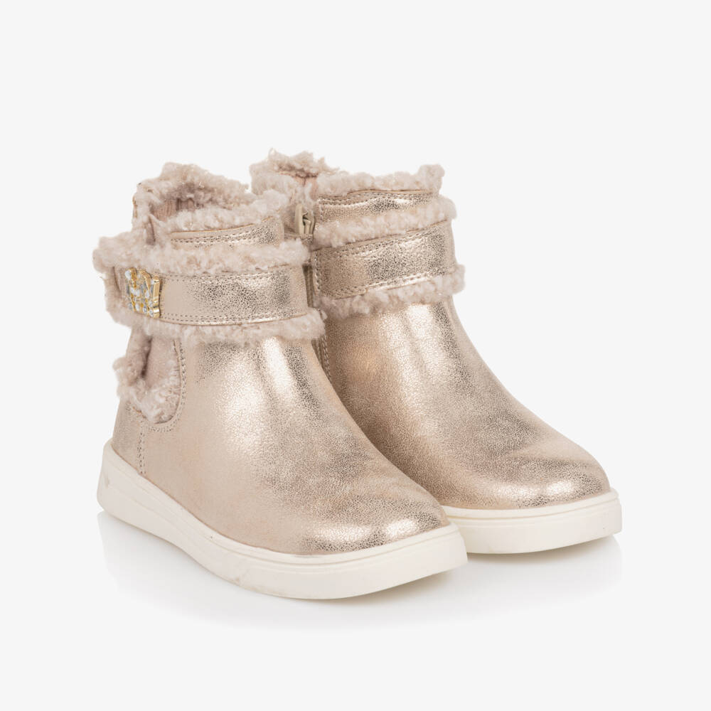 Mayoral-Girls Gold Faux Leather Ankle Boots with Diamanté Logo | Childrensalon Outlet