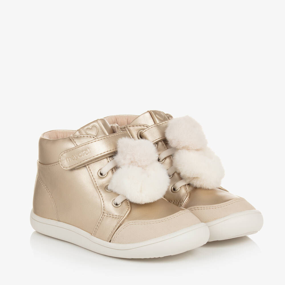 Mayoral - Girls Gold Faux Leather Pom-Pom Trainers | Childrensalon