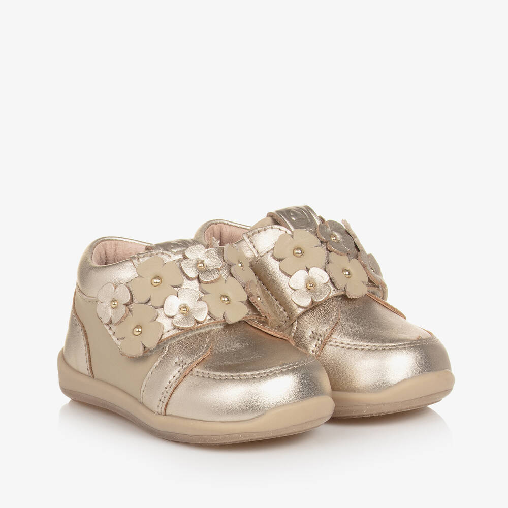 Mayoral - Girls Gold Leather Floral Trainers | Childrensalon