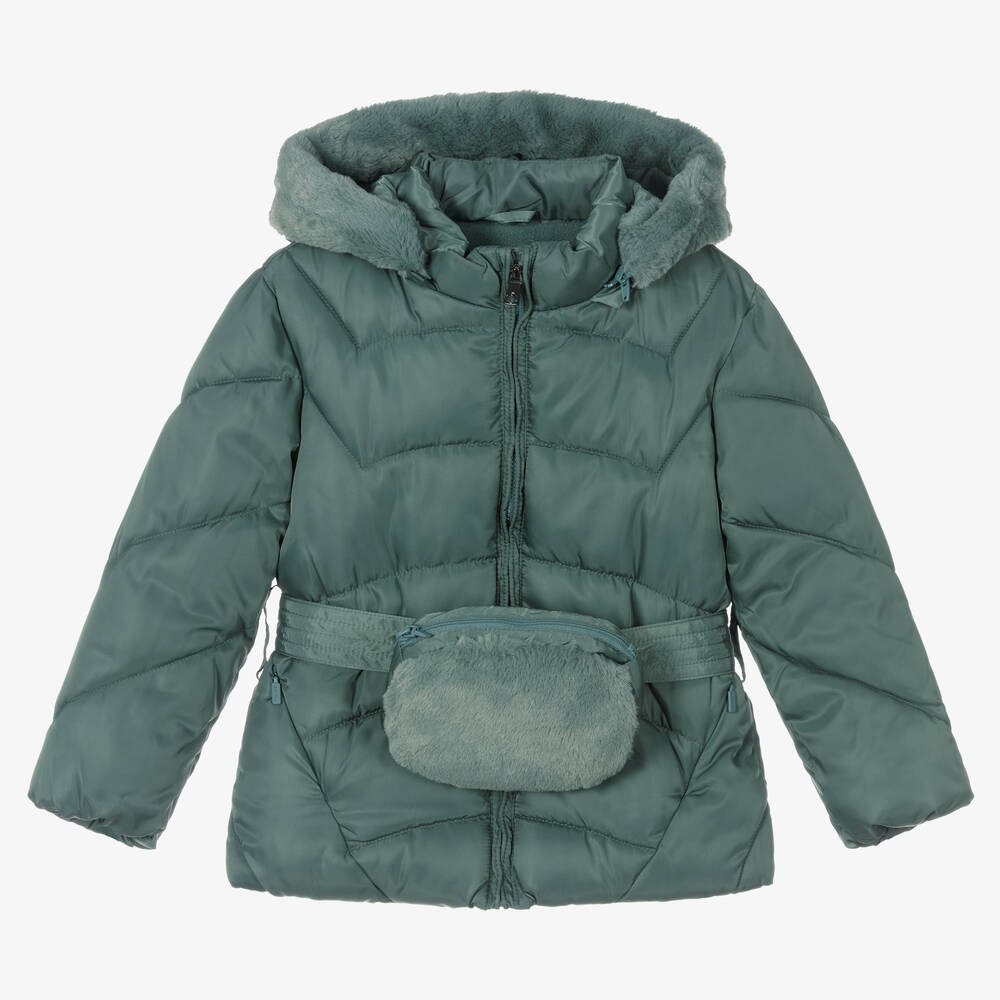 Mayoral - Girls Green Belted Puffer Coat | Childrensalon