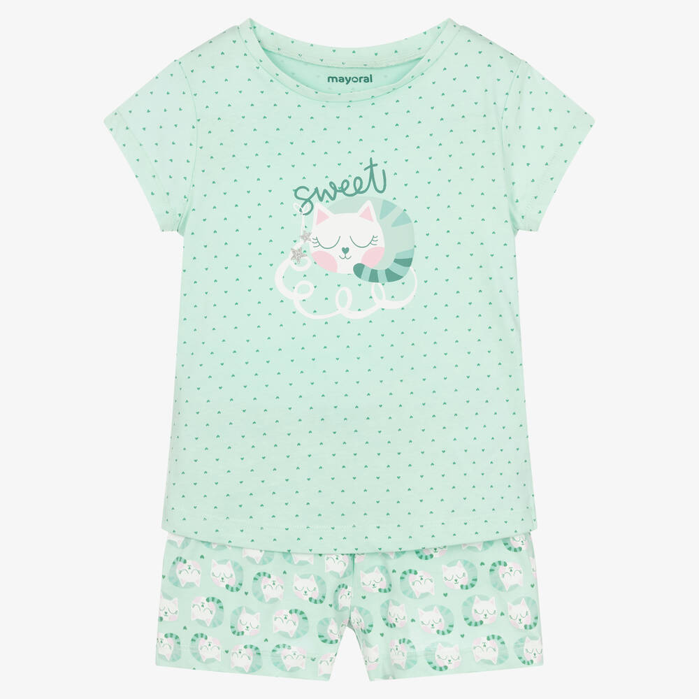 Mayoral - Girls Green Cotton Cat Pyjamas | Childrensalon