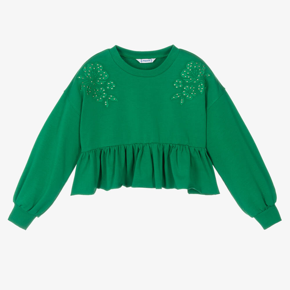 Mayoral - Зеленый хлопковый свитшот с вышивкой | Childrensalon