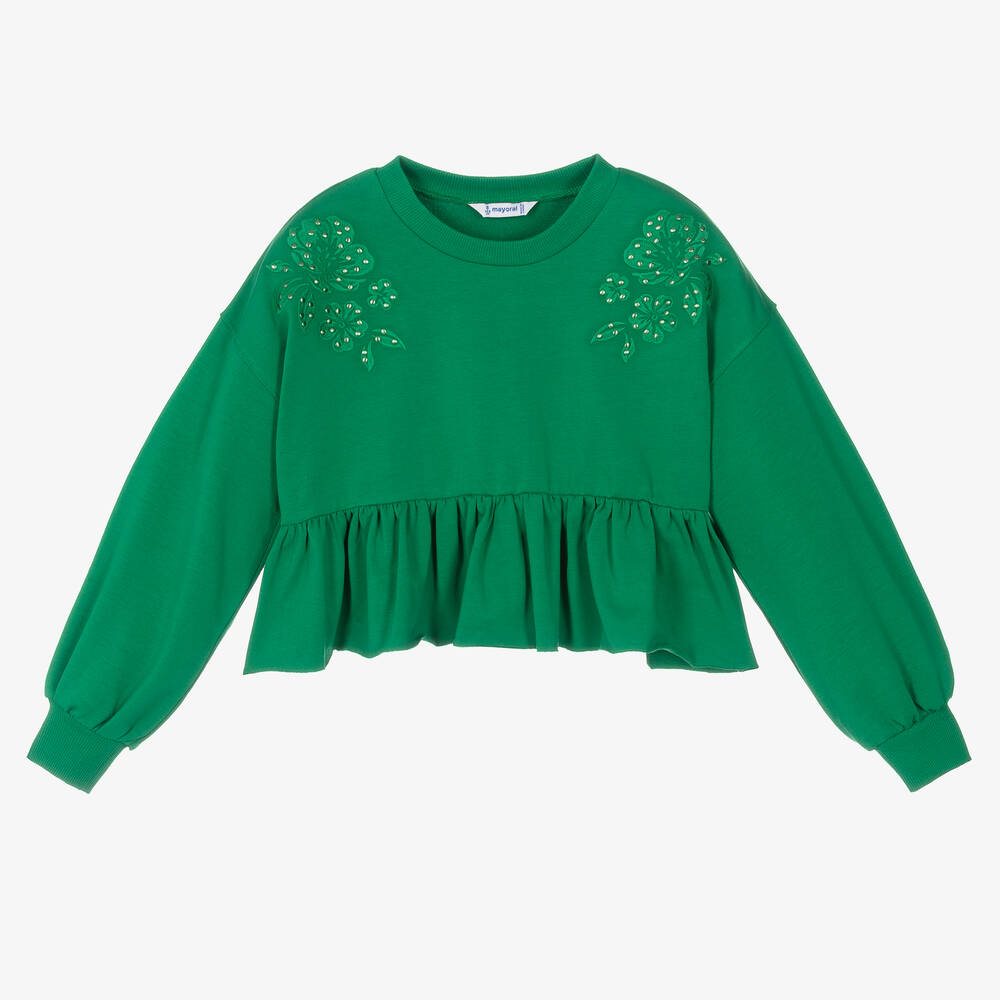 Mayoral-Girls Green Cotton Embroidered Sweatshirt | Childrensalon Outlet