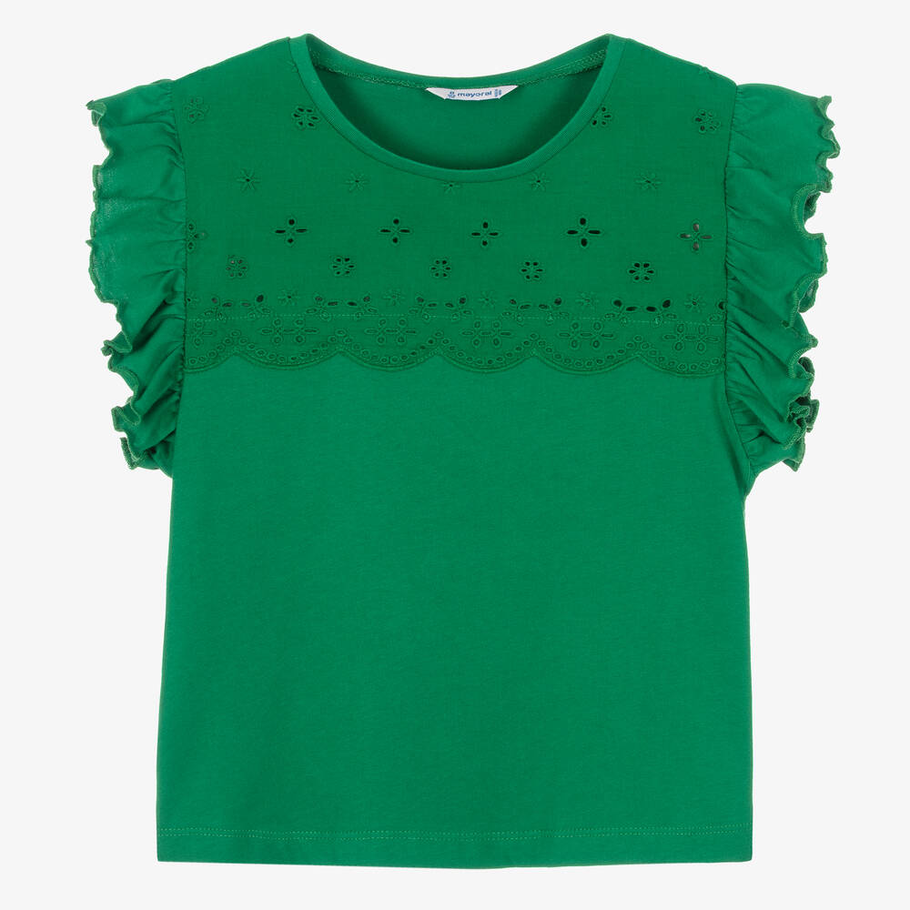 Mayoral - Зеленая хлопковая футболка с оборками на рукавах | Childrensalon