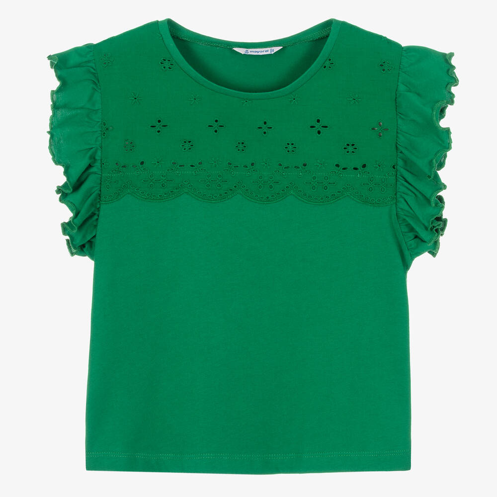 Mayoral-Girls Green Cotton Ruffle Sleeve T-Shirt | Childrensalon Outlet