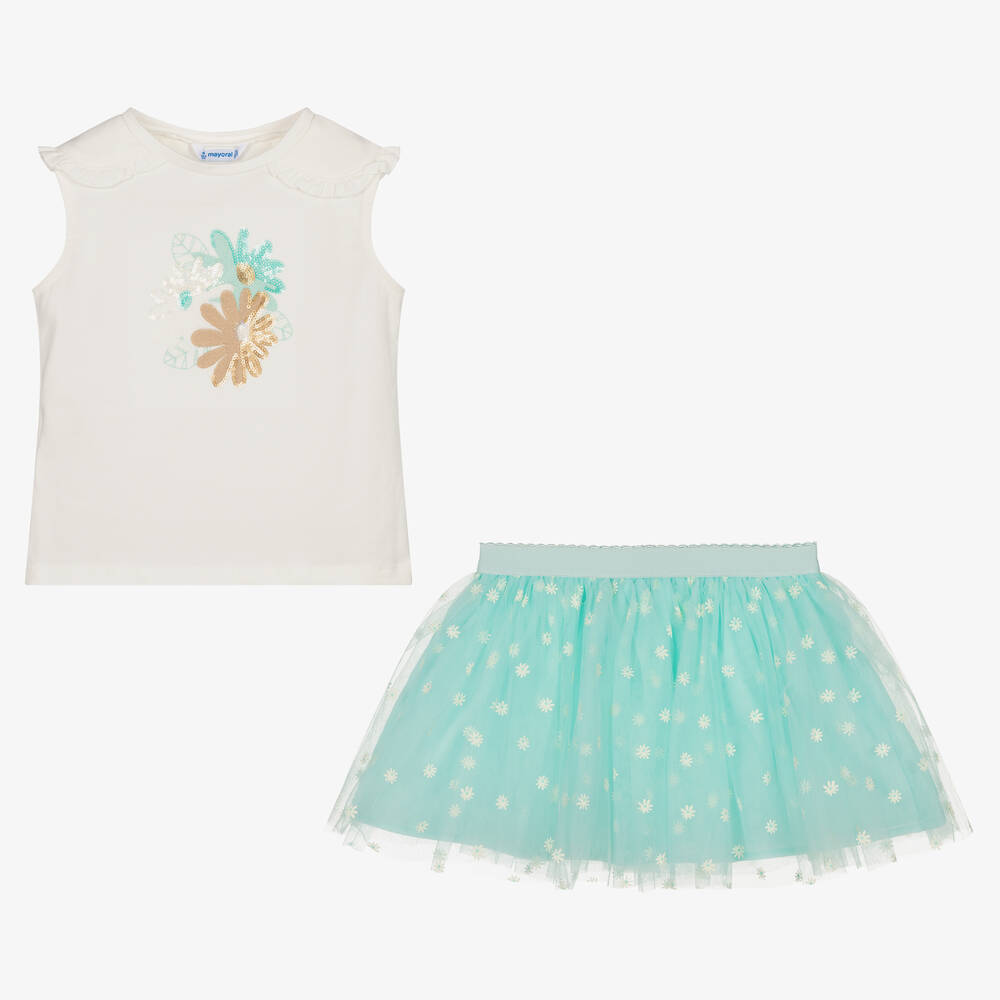 Mayoral-Girls Green Floral Tulle Skirt Set | Childrensalon Outlet