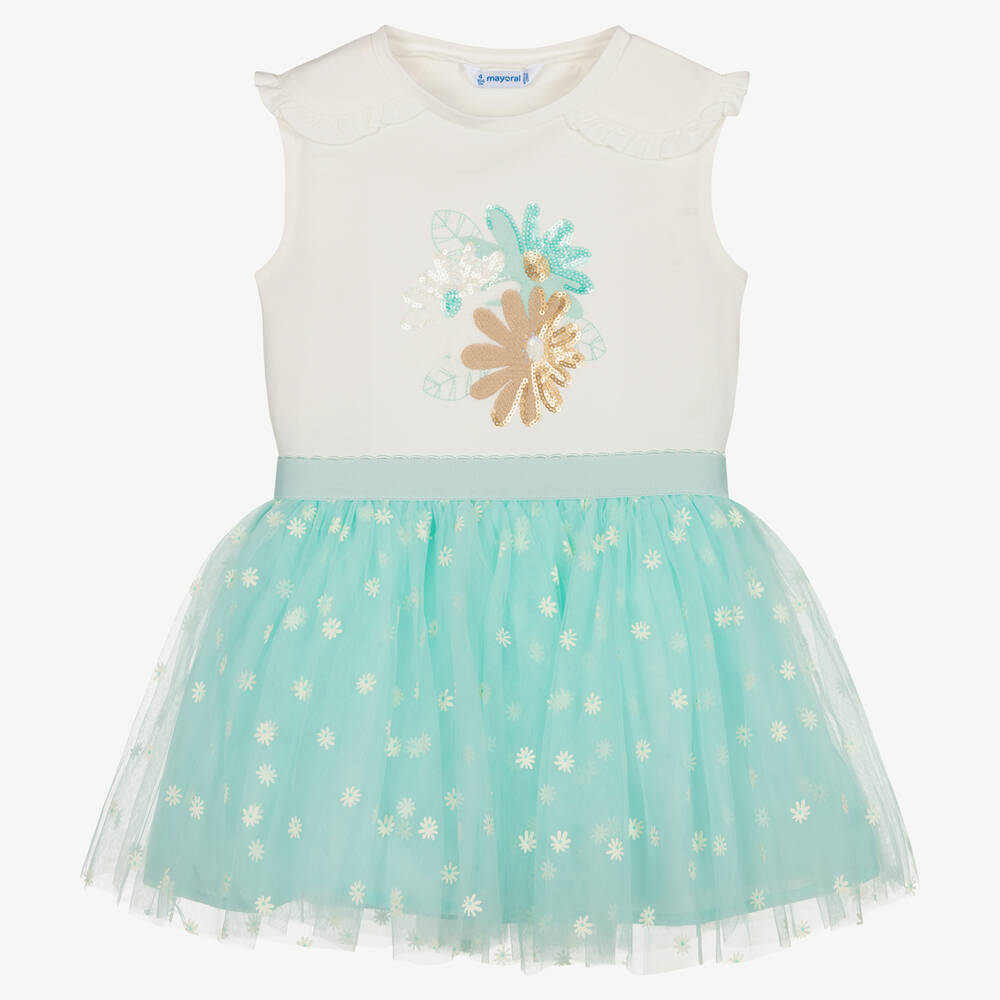 Mayoral - Girls Green Floral Tulle Skirt Set | Childrensalon