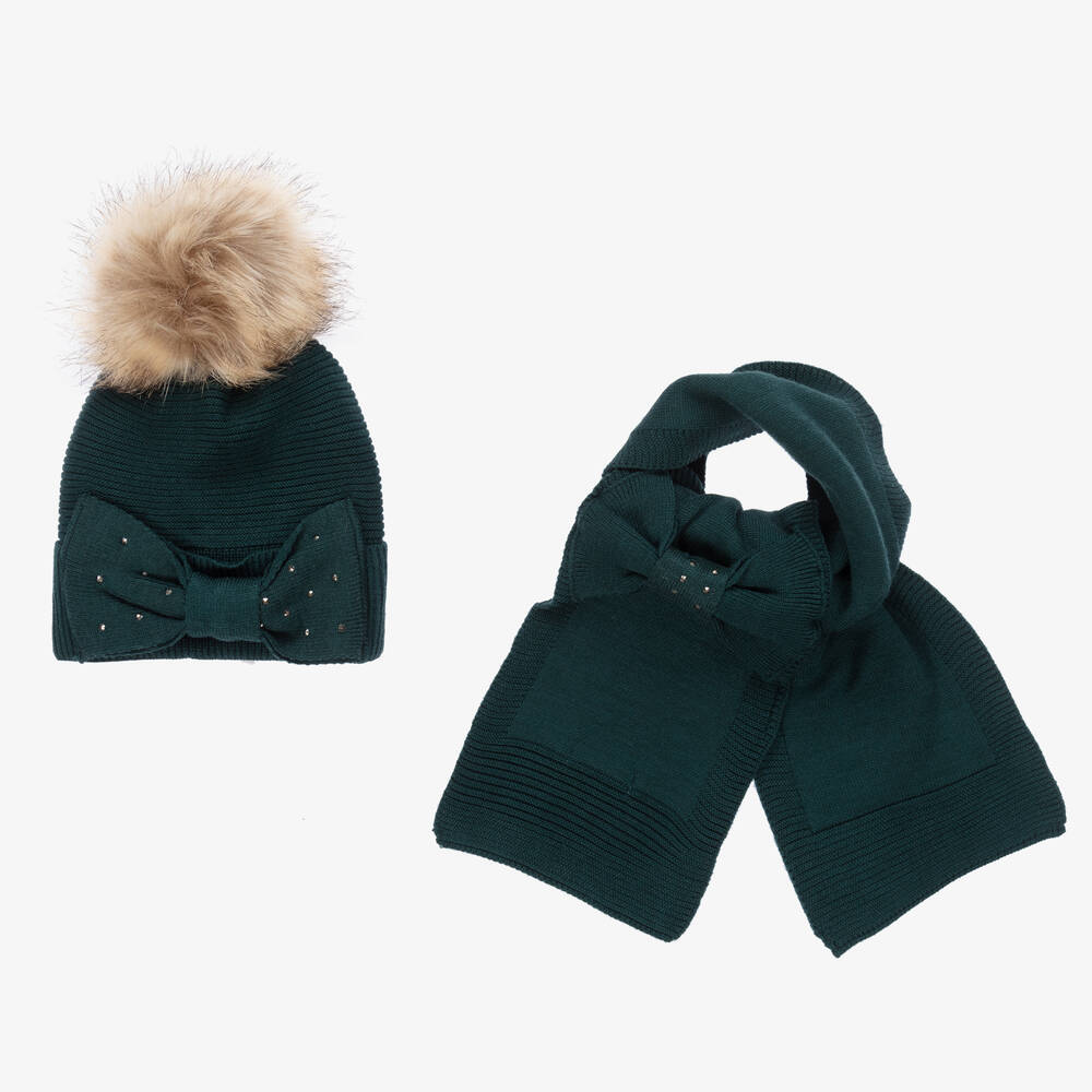 Mayoral - Girls Green Knitted Hat Set | Childrensalon