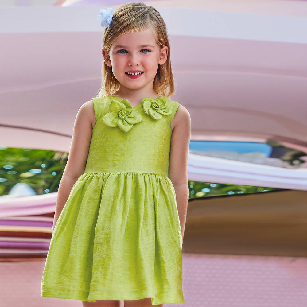 Mayoral-Girls Green Linen Flower Dress | Childrensalon Outlet