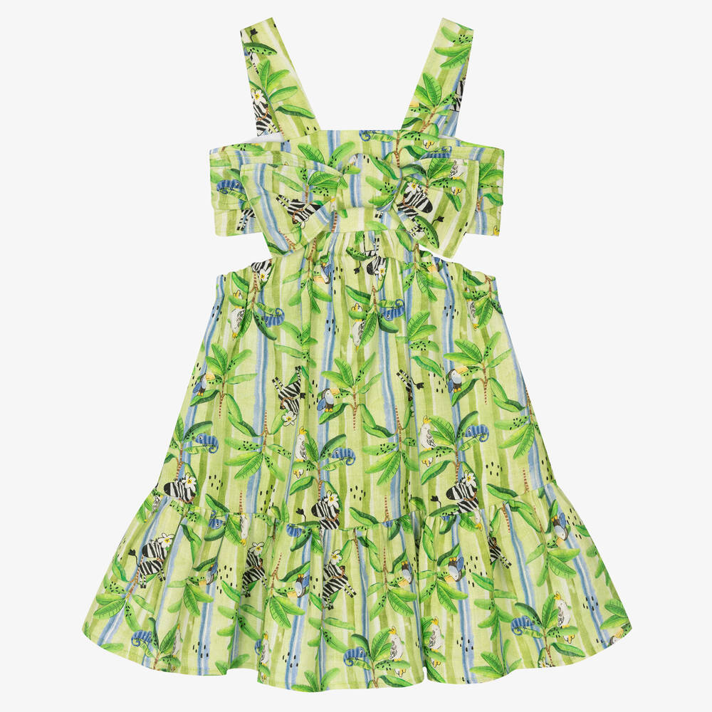 Mayoral - Зеленое льняное платье с тропическим принтом | Childrensalon