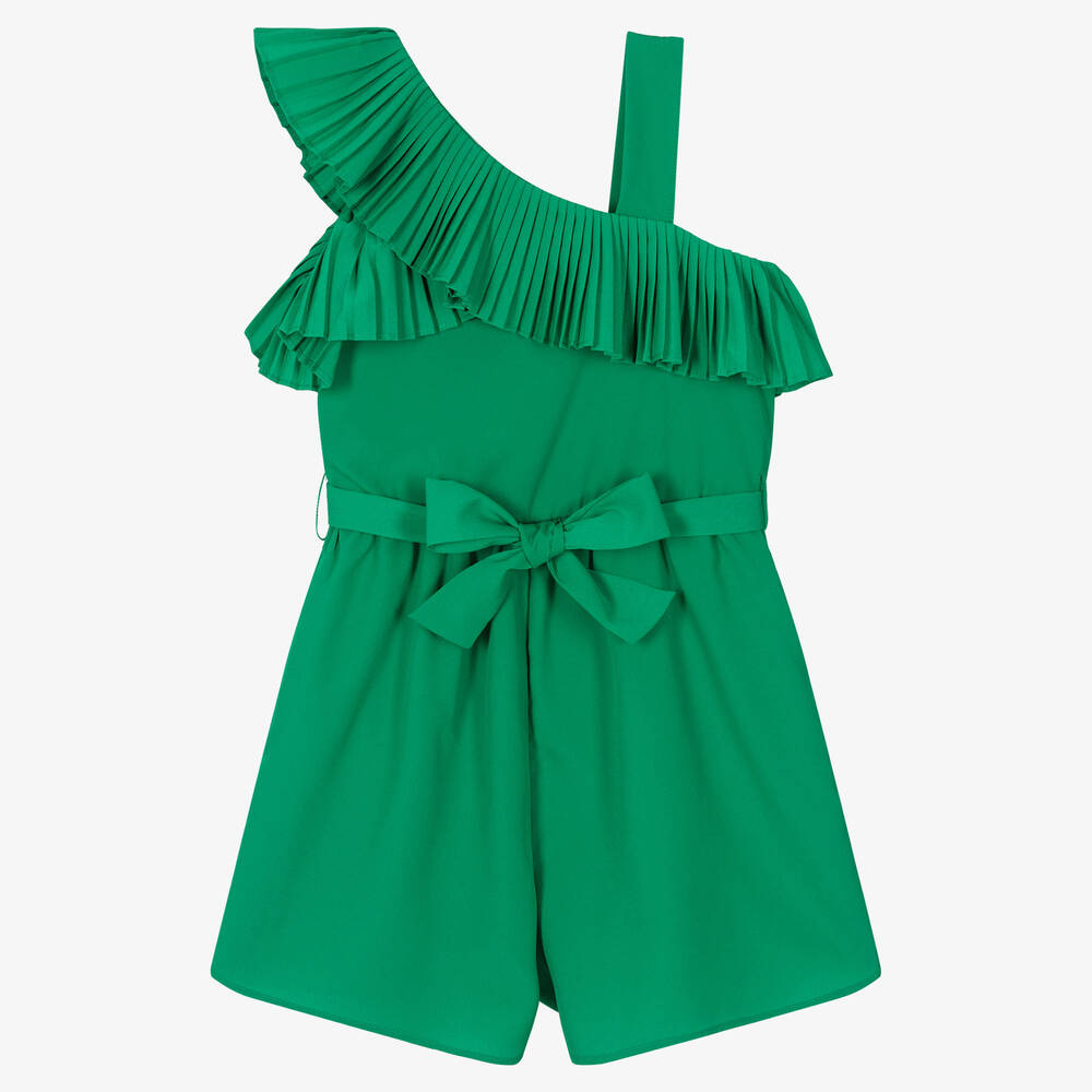 Mayoral - Girls Green Pleated Asymmetrical Playsuit | Childrensalon