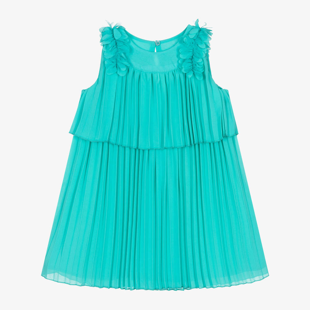 Mayoral-فستان بكسرات شيفون لون أخضر أكوا | Childrensalon Outlet