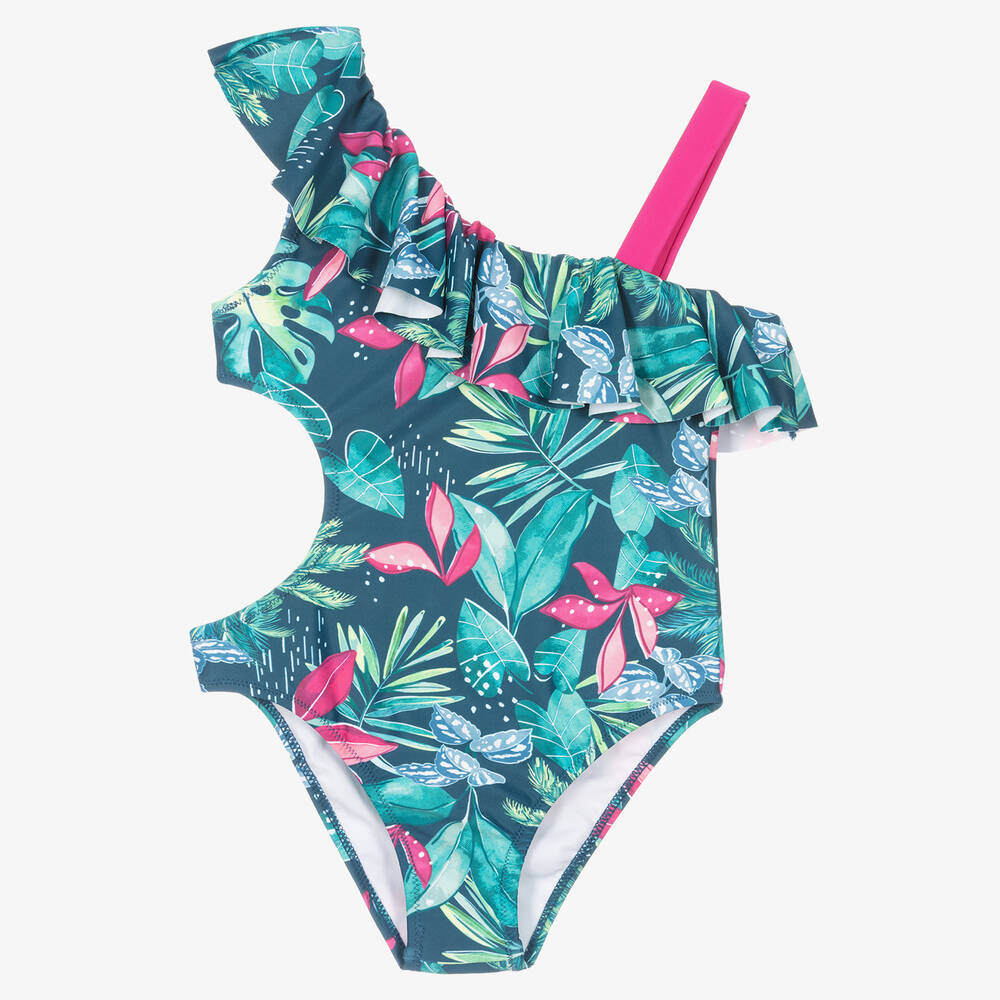 Mayoral - Girls Green Tropical Asymmetrical Swimsuit | Childrensalon