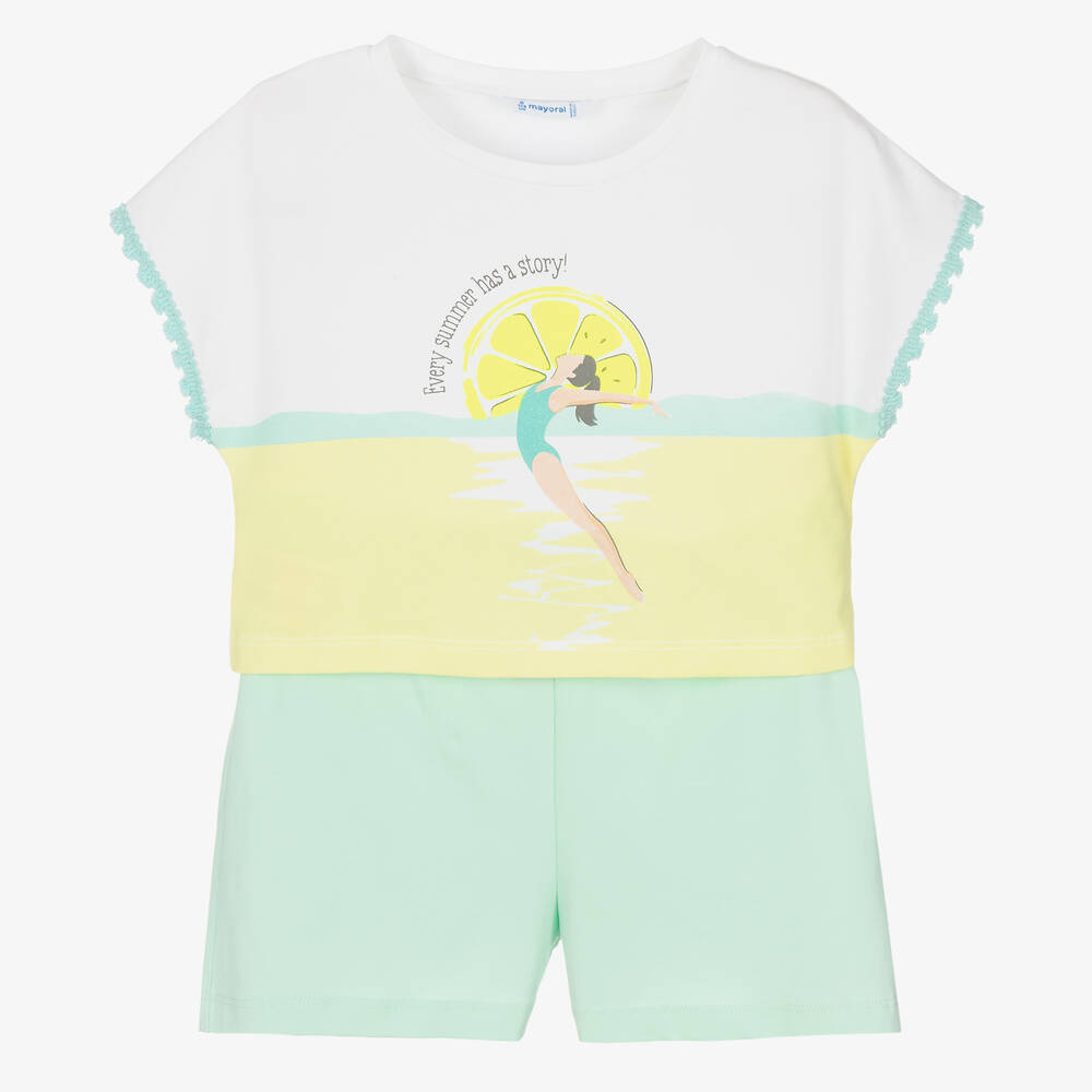 Mayoral - Girls Green & White Cotton Shorts Set | Childrensalon