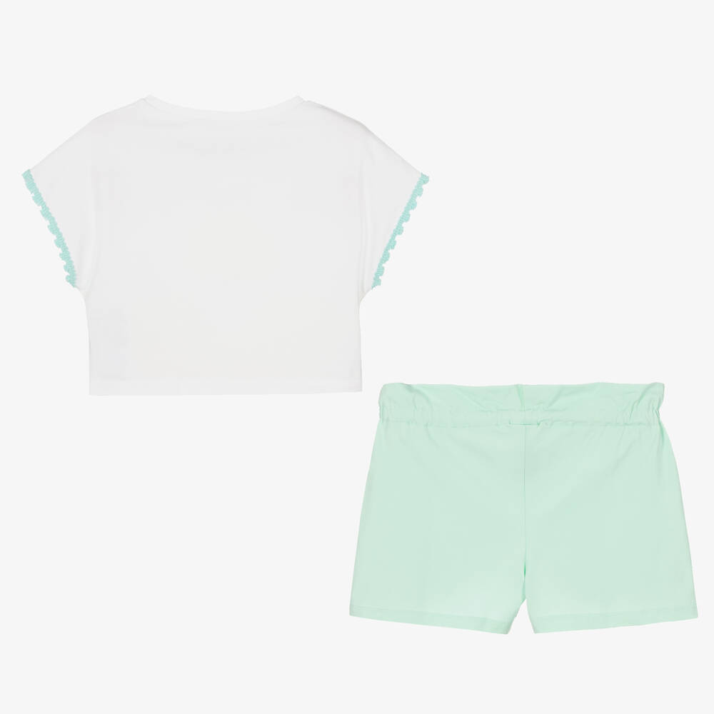مايورال-طقم شورت قطن لون أبيض وأخضر نعناعي للبنات | Childrensalon Outlet