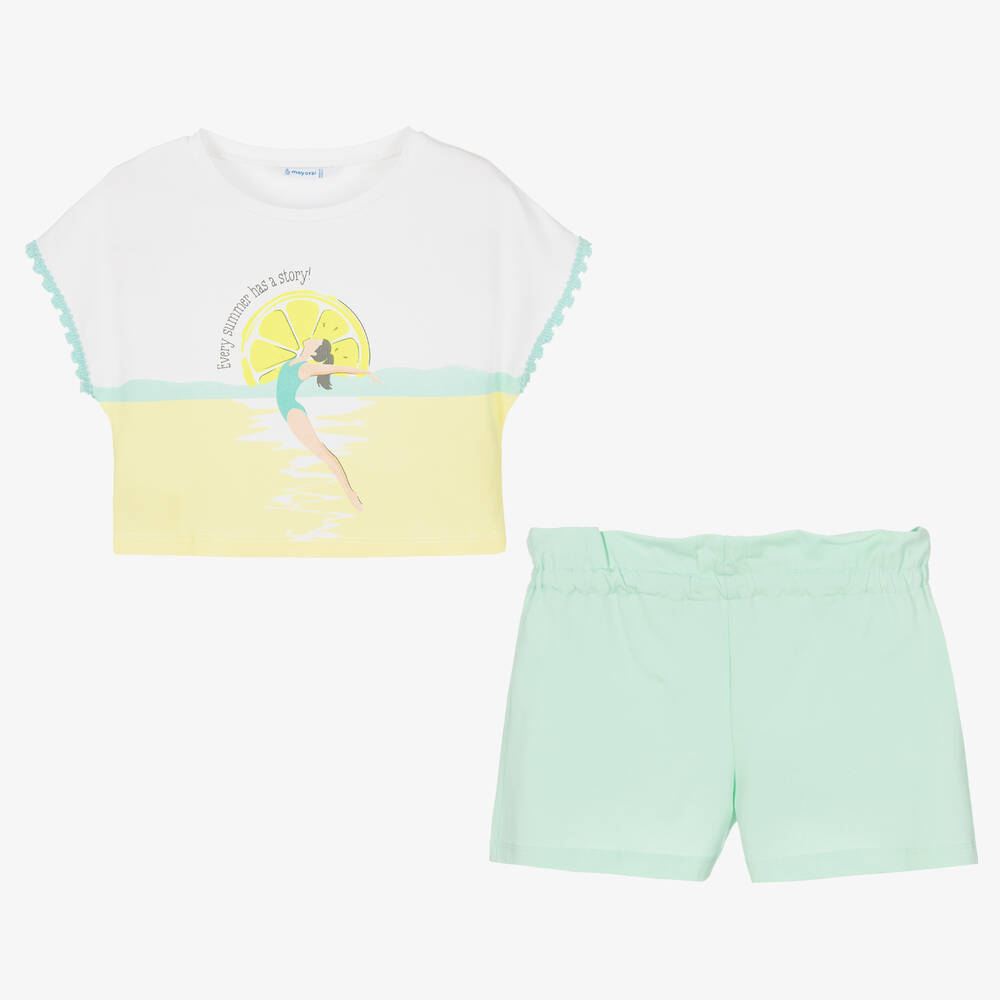 مايورال-طقم شورت قطن لون أبيض وأخضر نعناعي للبنات | Childrensalon Outlet
