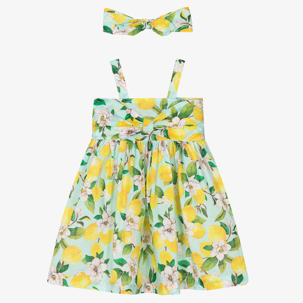 Mayoral - طقم فستان قطن بوبلين لون أصفر وأخضر | Childrensalon