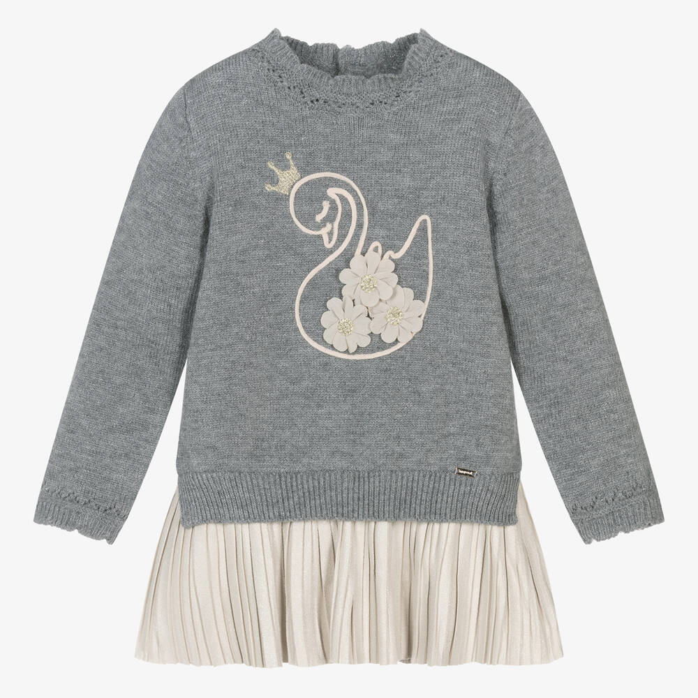 Mayoral-Girls Grey & Beige Pleated Dress | Childrensalon Outlet