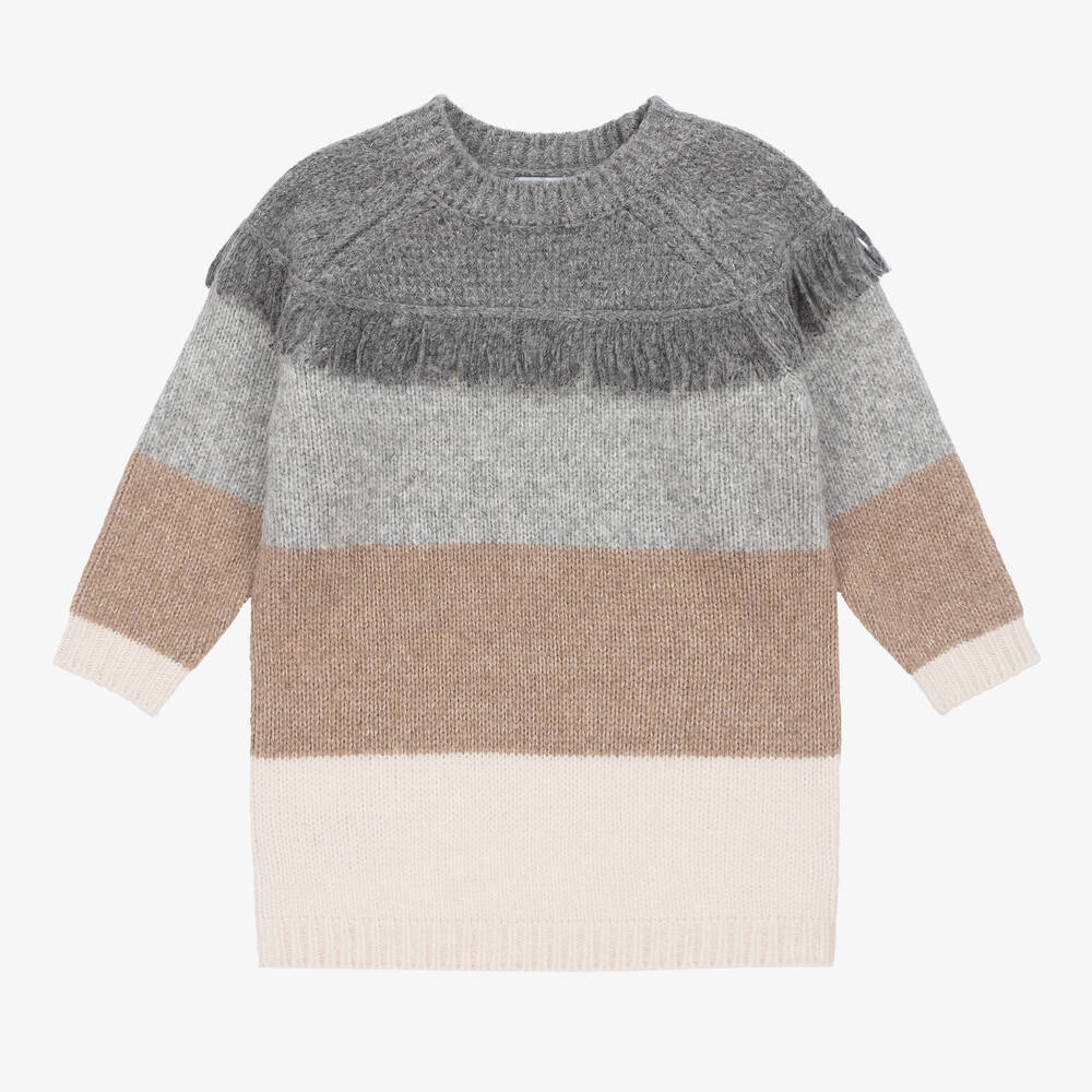 Mayoral-Girls Grey & Beige Striped Sweater Dress | Childrensalon Outlet