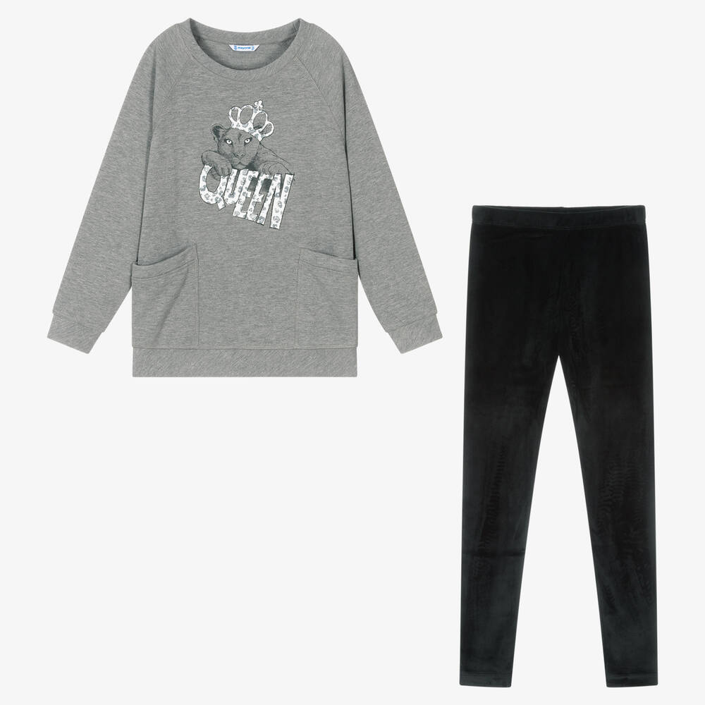 مايورال-طقم ليغنغز قطن جيرسي وقطيفة لون رمادي و أسود للبنات | Childrensalon Outlet