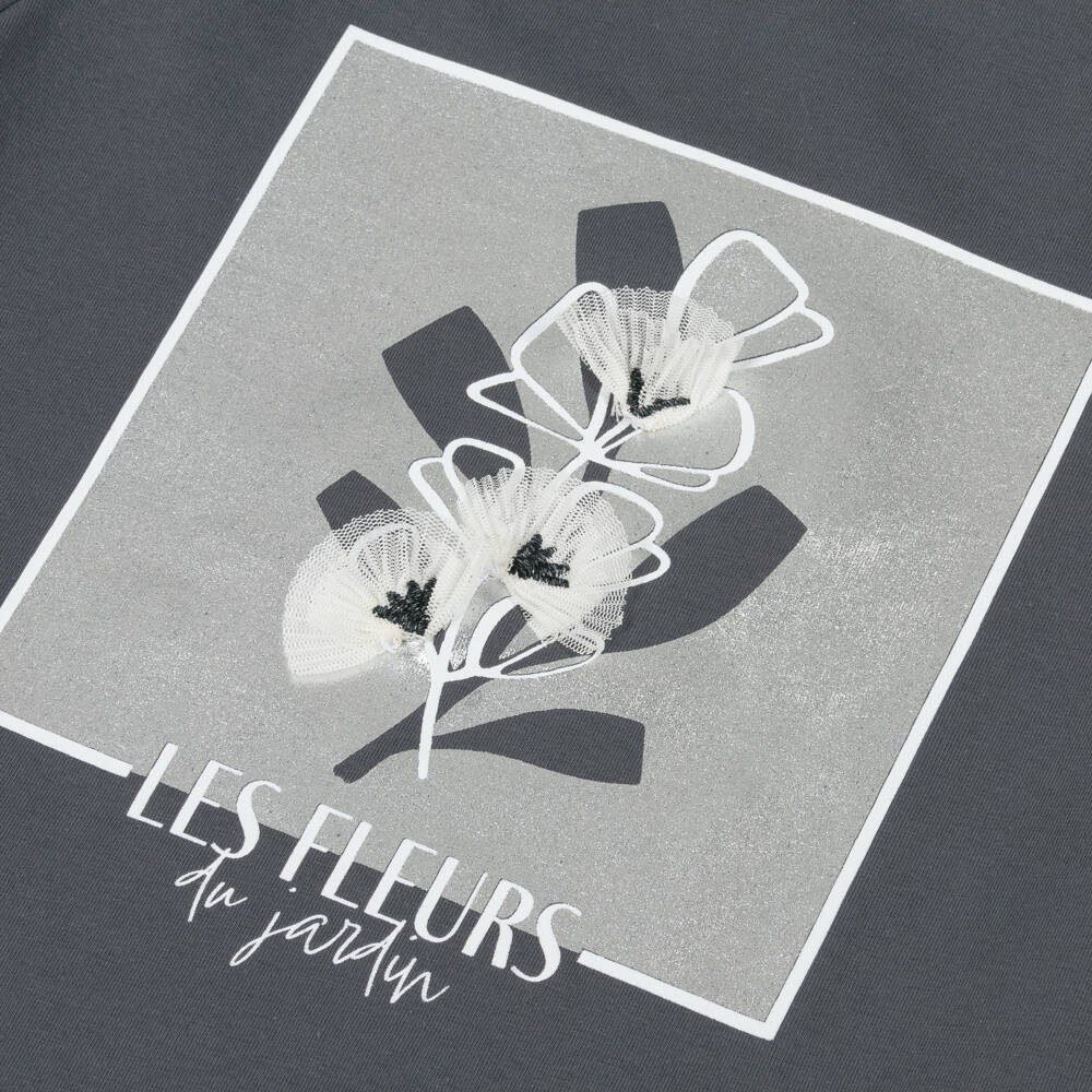 Mayoral-Girls Grey Floral Cotton Tee | Childrensalon Outlet