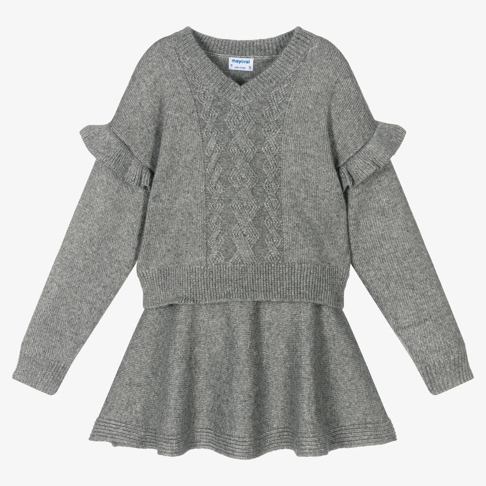 Mayoral - Girls Grey Knit Skirt Set | Childrensalon