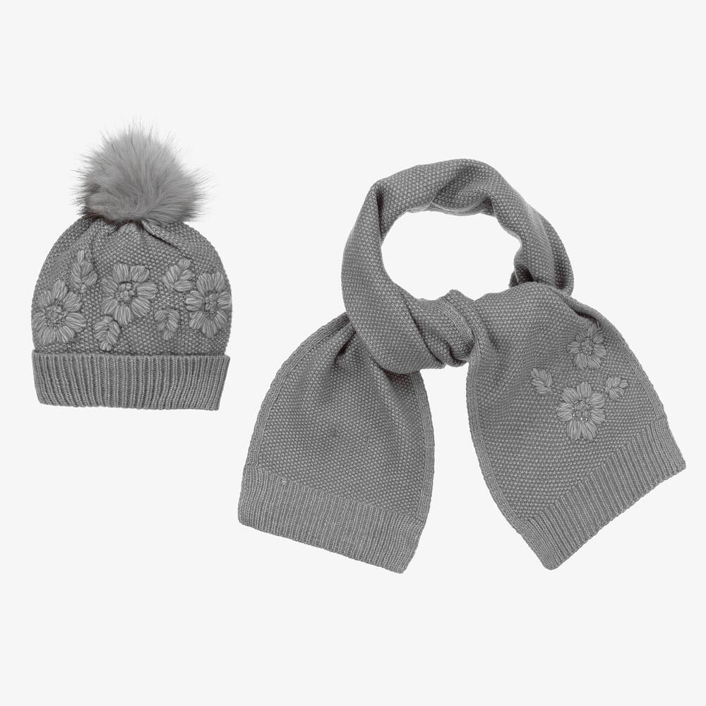 Mayoral - Girls Grey Knitted Hat & Scarf Set | Childrensalon