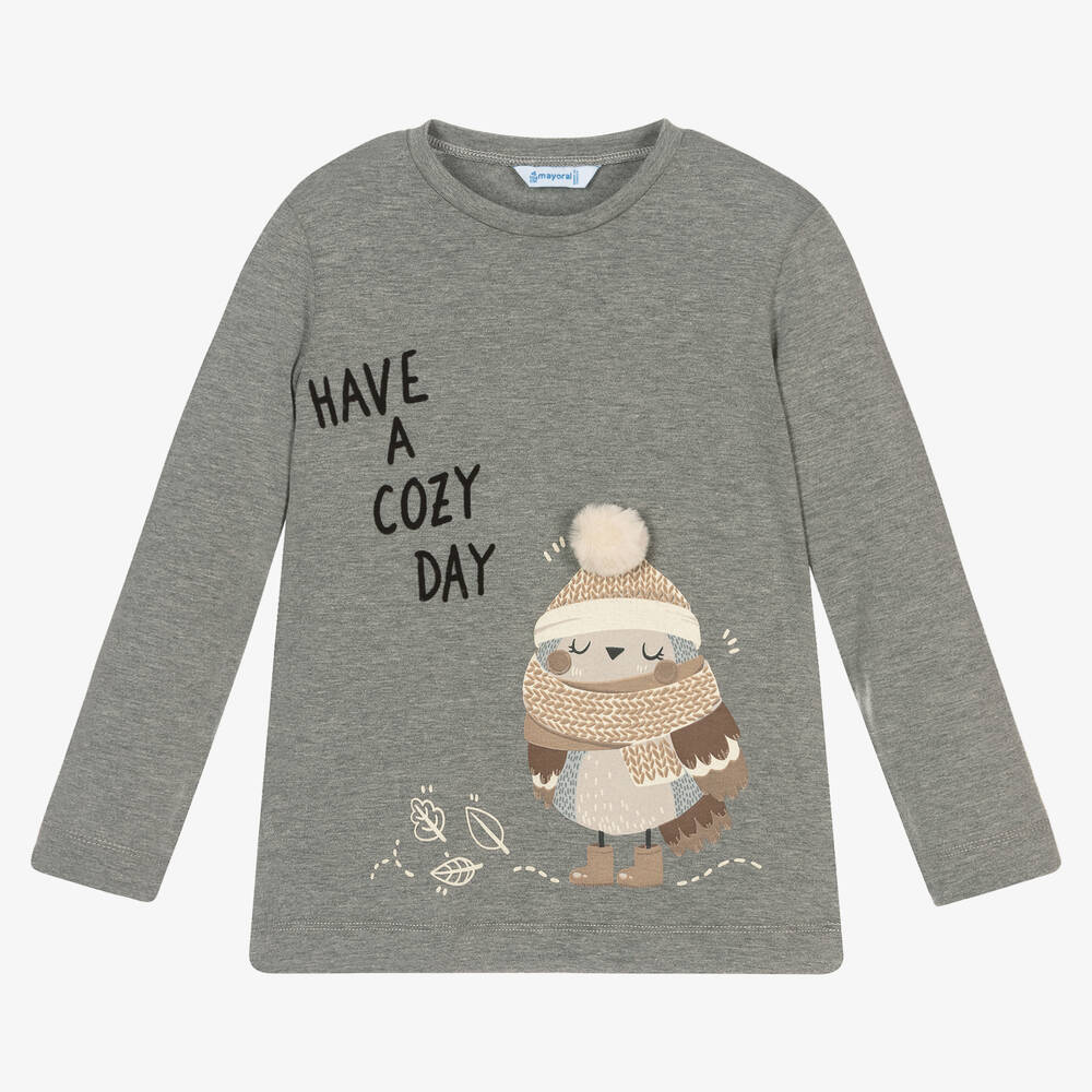 Mayoral - Girls Grey Owl Pom-Pom Top | Childrensalon Outlet