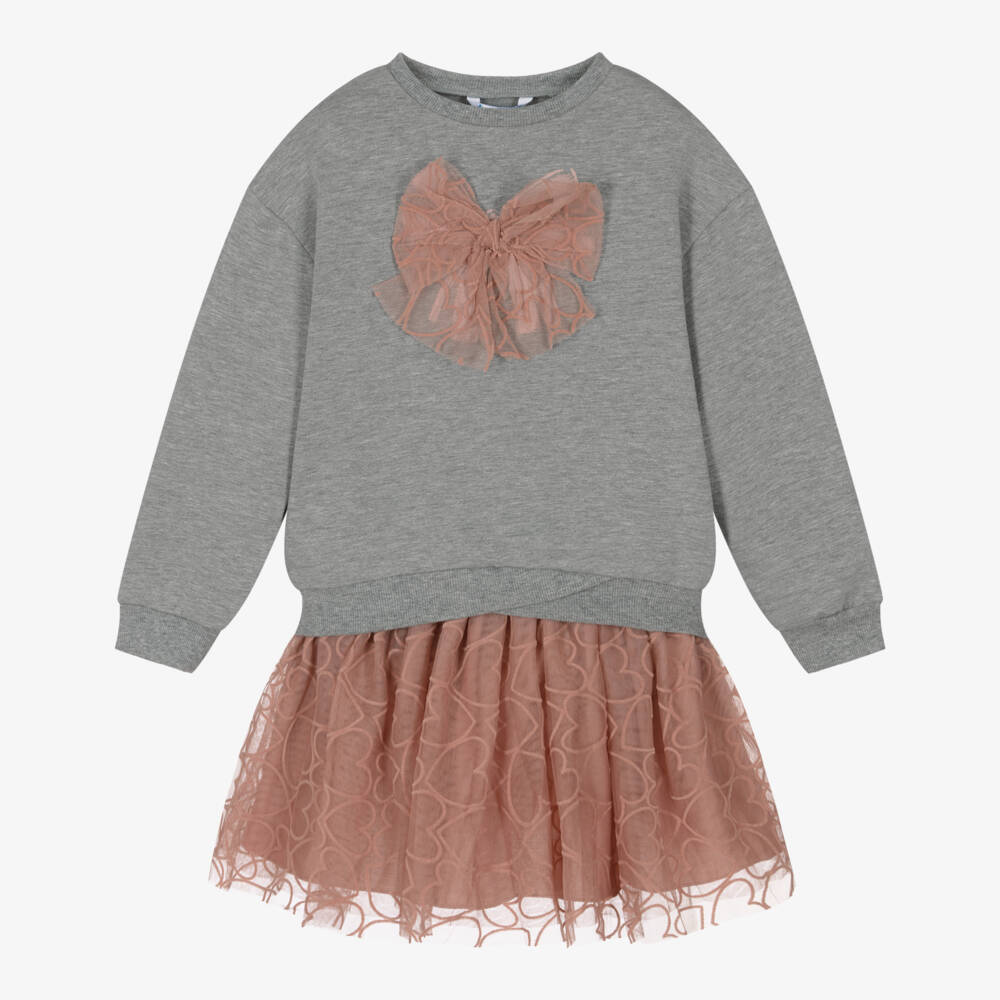 Mayoral-Girls Grey & Pink Heart Print Tulle Skirt Set | Childrensalon Outlet