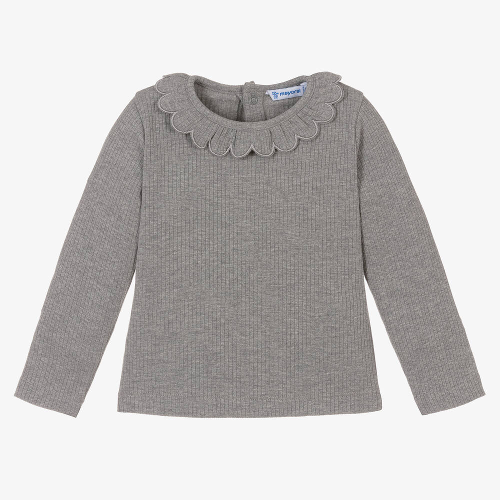 Mayoral - Girls Grey Ribbed Cotton Jersey Top | Childrensalon