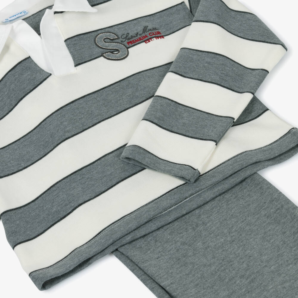 Mayoral-Girls Grey Stripe Jersey Polo Top & Trouser Set | Childrensalon Outlet