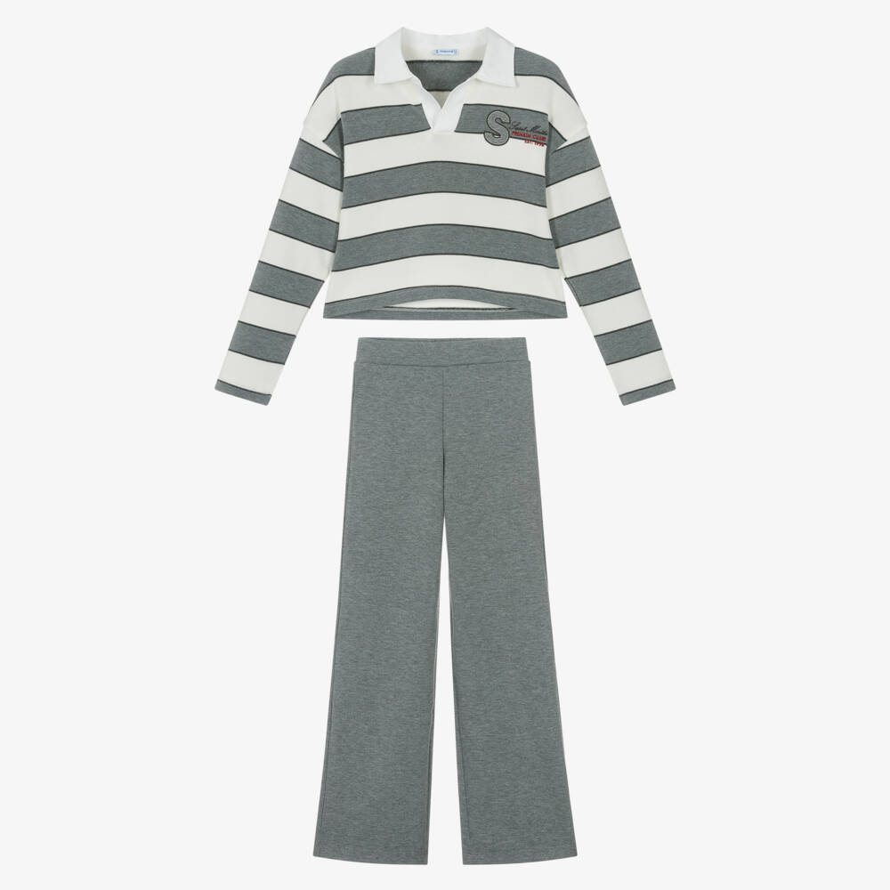 Mayoral-Girls Grey Stripe Jersey Polo Top & Trouser Set | Childrensalon Outlet