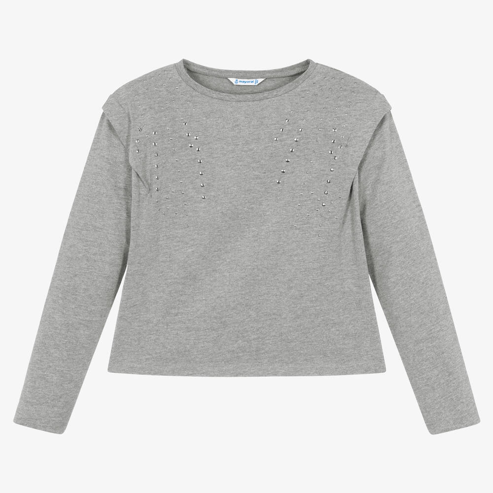 Mayoral - Girls Grey Studded Cotton T-Shirt | Childrensalon