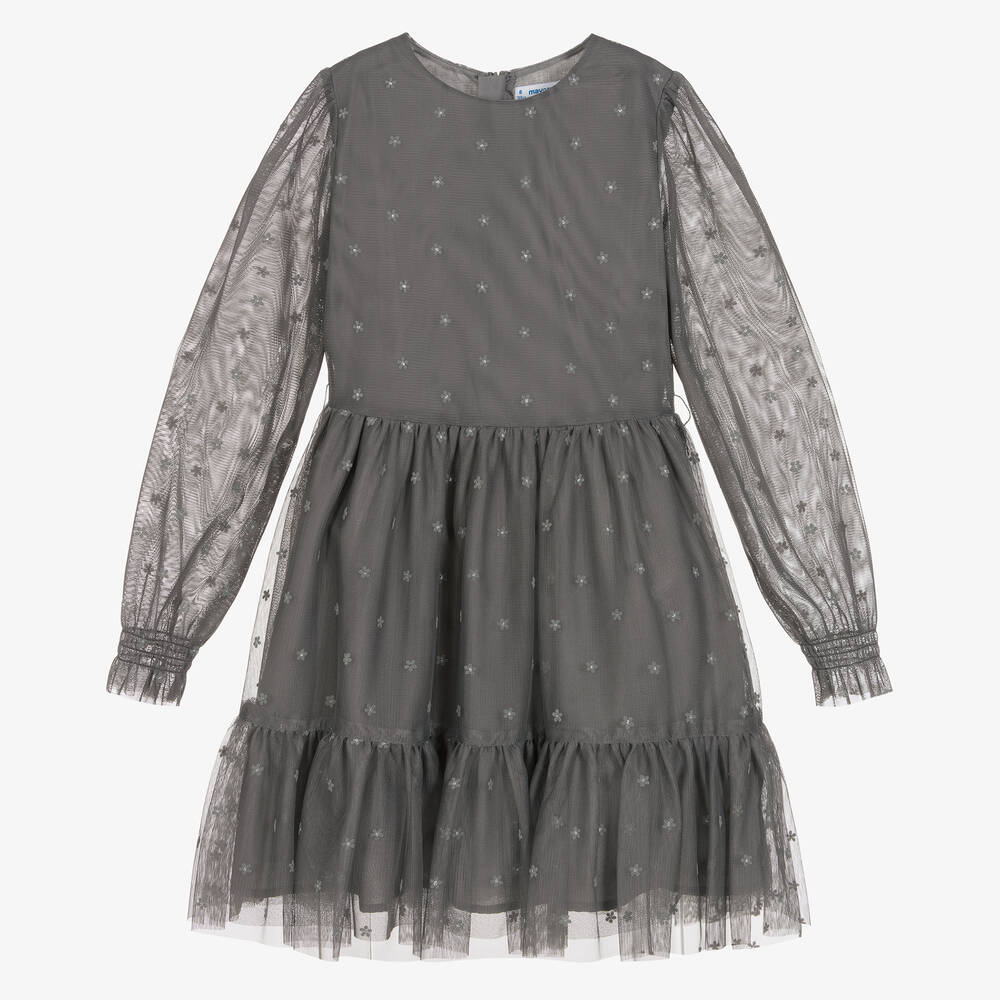 Mayoral-Girls Grey Tulle Dress | Childrensalon Outlet