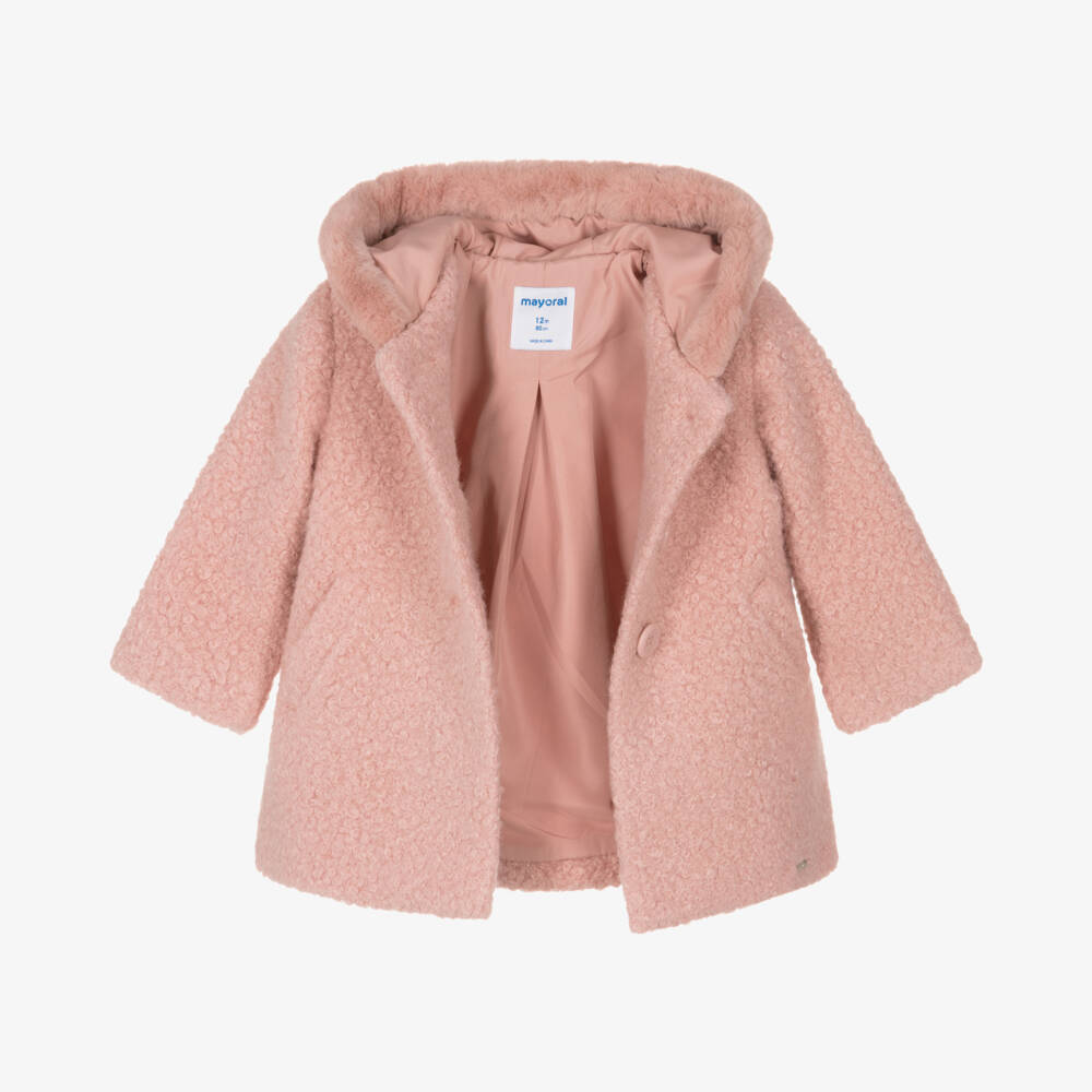 Mayoral-Girls Hooded Bouclé Pink Coat | Childrensalon Outlet