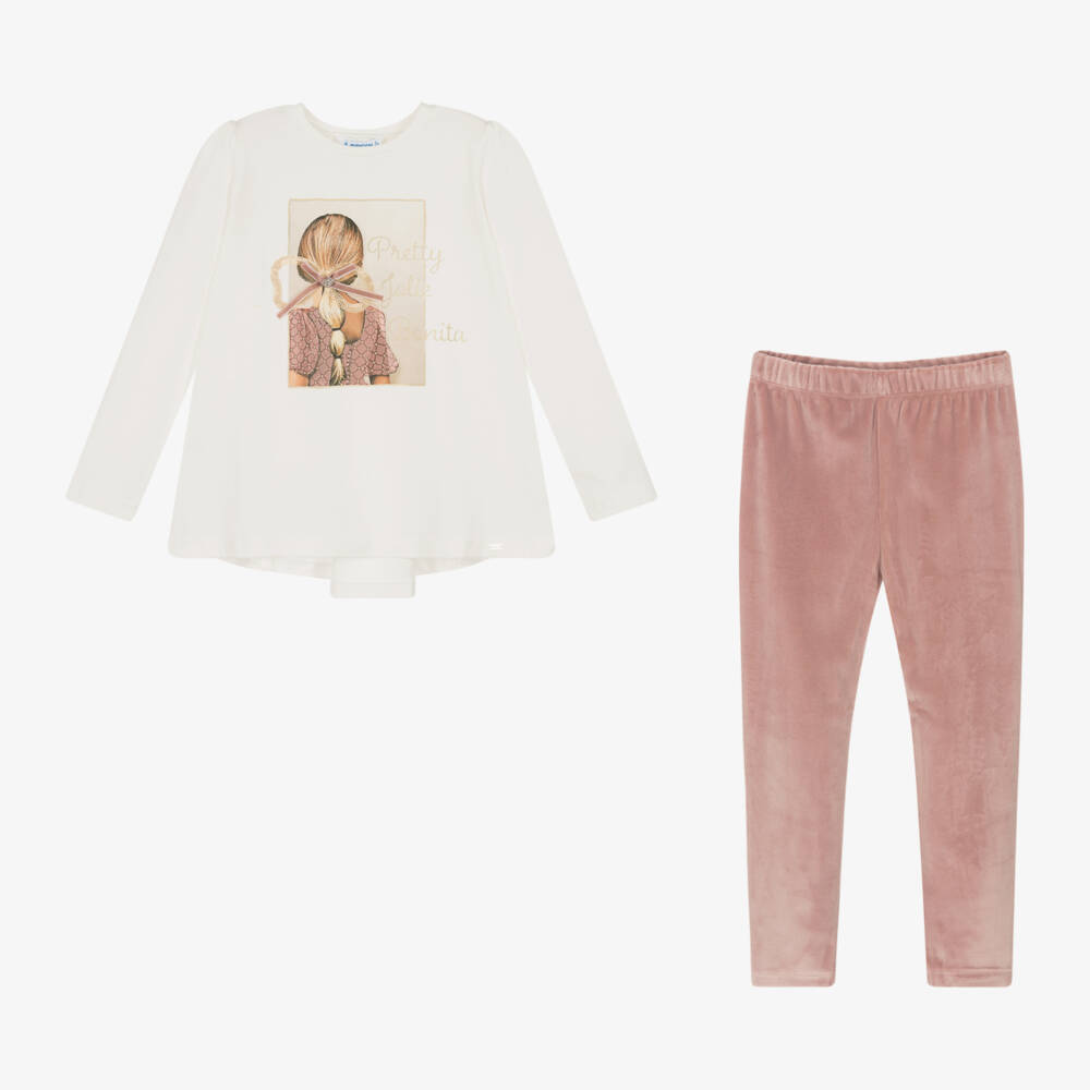 Mayoral-Girls Ivory and Pink Leggings Outfit | Childrensalon Outlet