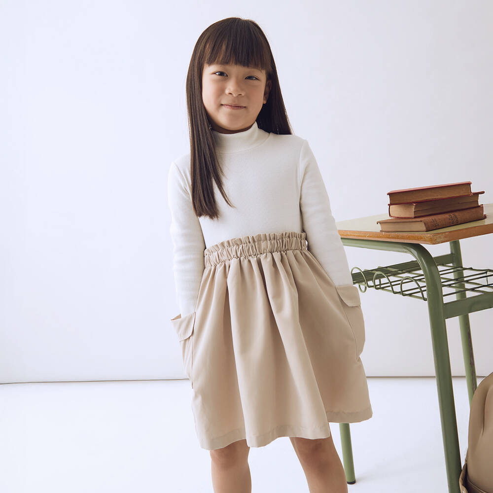 Mayoral-Girls Ivory & Beige Contrast Dress | Childrensalon Outlet