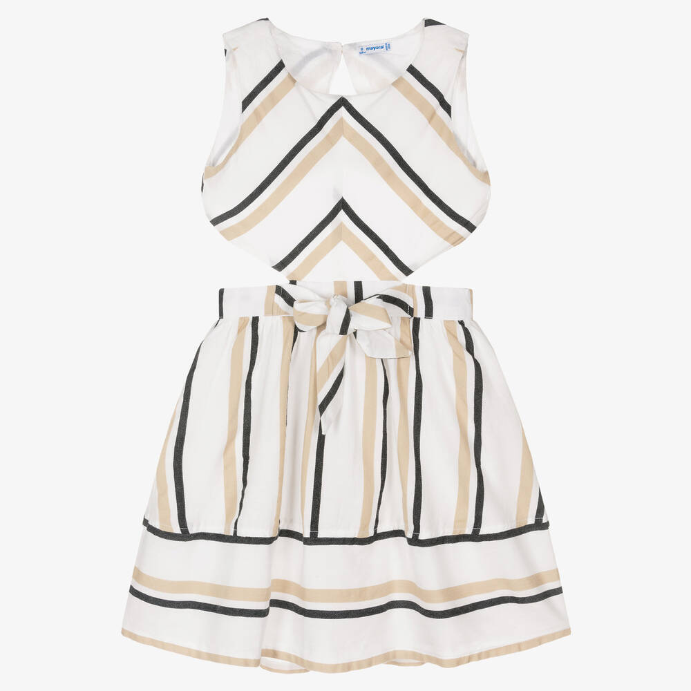 Mayoral - Girls Ivory & Beige Cotton Striped Dress | Childrensalon