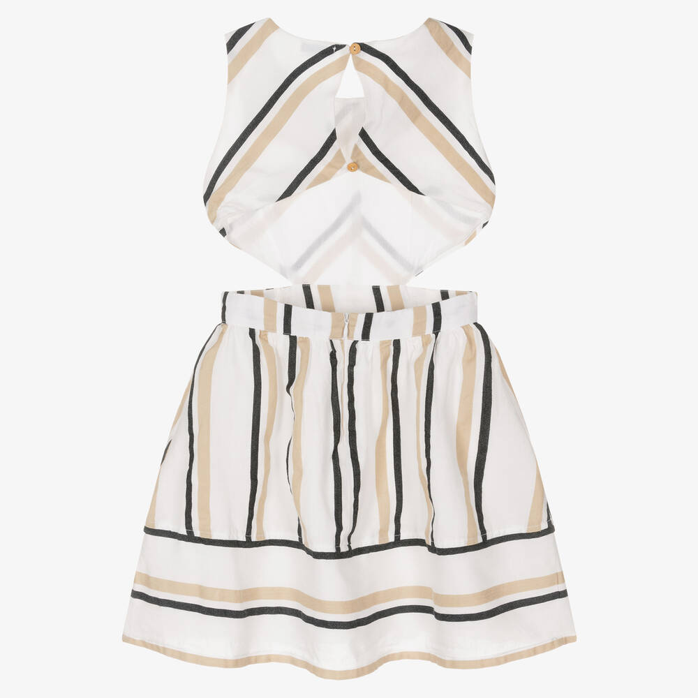 Mayoral-Girls Ivory & Beige Cotton Striped Dress | Childrensalon Outlet