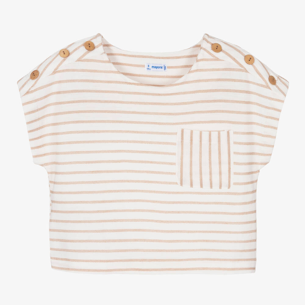 Mayoral - Girls Ivory & Beige Cotton Striped T-Shirt | Childrensalon