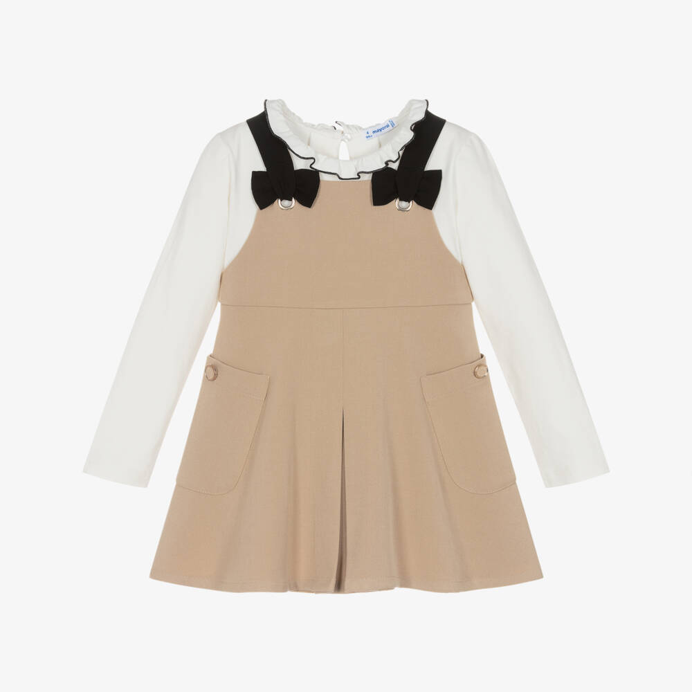 Mayoral-Girls Ivory & Beige Pinafore Dress Set with Bows | Childrensalon Outlet