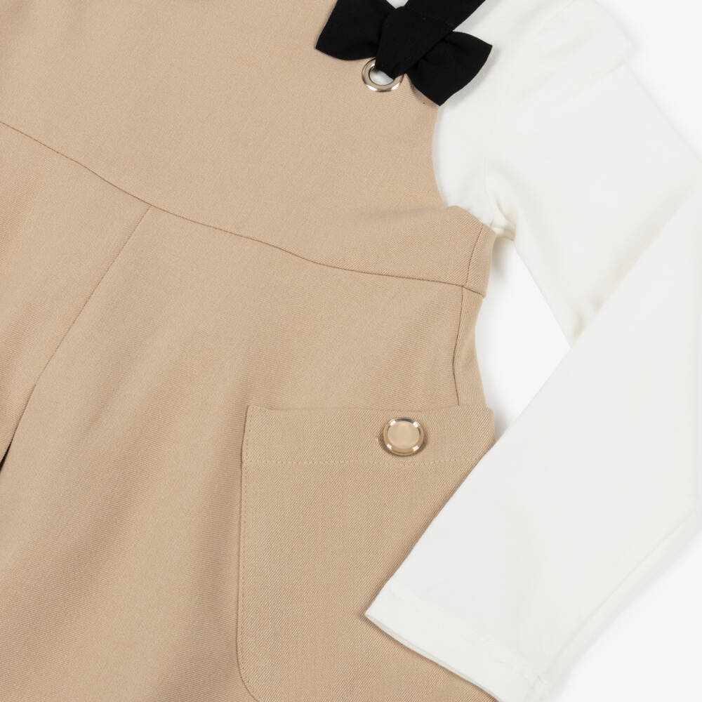 Mayoral-Girls Ivory & Beige Pinafore Dress Set with Bows | Childrensalon Outlet