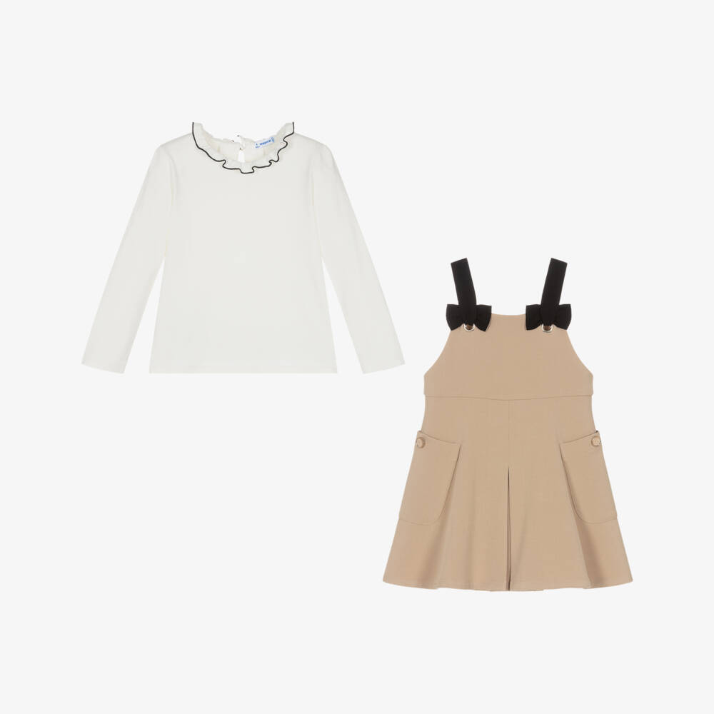 Mayoral-Girls Ivory & Beige Pinafore Dress Set with Bows | Childrensalon Outlet