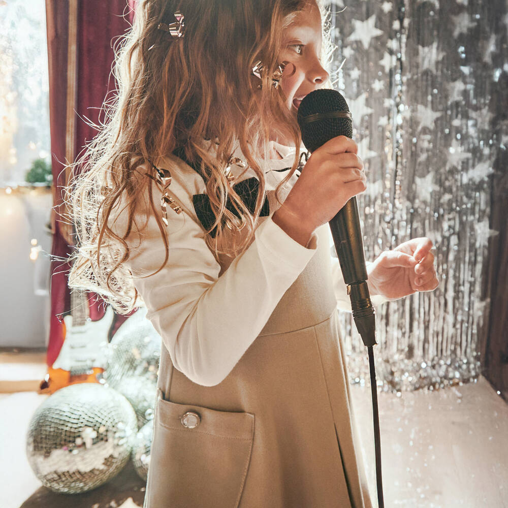 Mayoral-Girls Ivory & Beige Pinafore Dress Set with Bows | Childrensalon Outlet